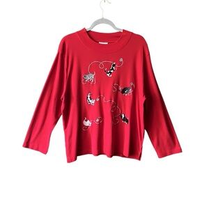 Vintage Bon Worth Cats And String Balls Embroidered Red Top Size XLP
